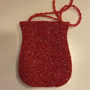 Clamshell mini purse, red fully beaded evening bag, Inge Christopher